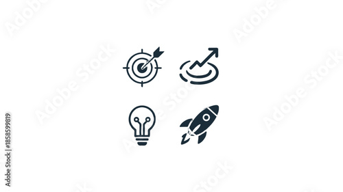 Set of four minimalistic business icons, target, arrow, graph, rocket, and lightbulb on a light background.