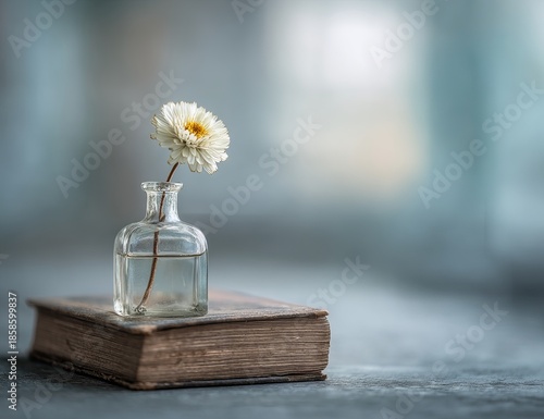 White daisy in rectangular glass bottle on old book