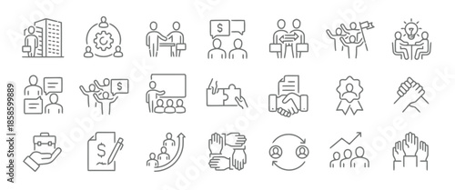 Line Icons of Business and Finance as Cooperation, Teamwork, Negotiation, Investment, Partnership, Achievement, Agreement, Contract, Success, Strategy and Development