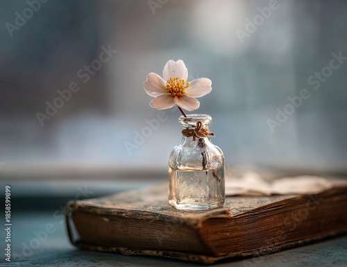 White flower in small glass bottle on old book small bottle
