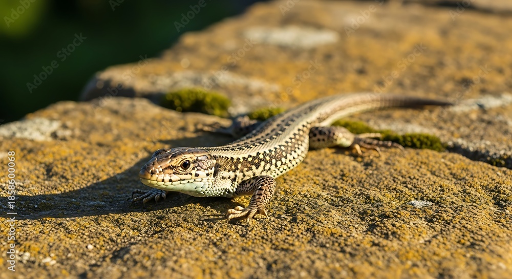 Obraz premium Small lizard basking in the sun on a mossy stone wall, showcasing its intricate scales and natural camouflage in a detailed close-up.