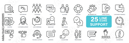 Line support icons vector set manual 24 7 customers faq helpdesk lifeguard mobile customer experience assistance service satisfaction