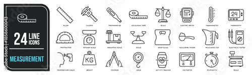 Line measurement icons set of 24 elements such as tape ruler caliper thermometer scale and other measuring tools in simple outline vector for business finance education