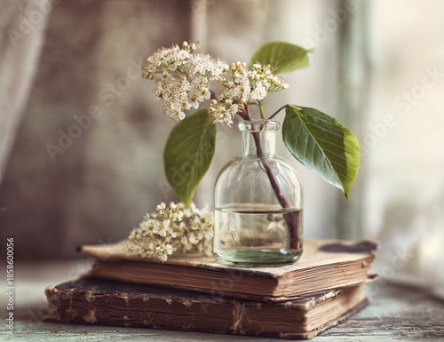 White wildflowers in glass bottle on old books white flowers