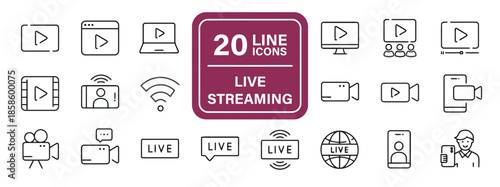 Live streaming line icons set of video stream broadcast television broadcast vector illustration