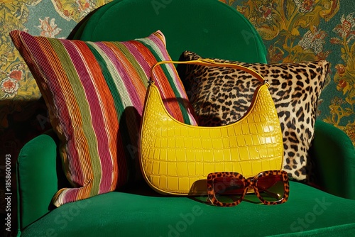 Yellow Crocodile Embossed Handbag with Sunglasses on Green Chair