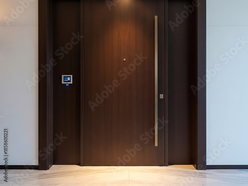 Modern wooden door with electronic lock and minimalist design indoors