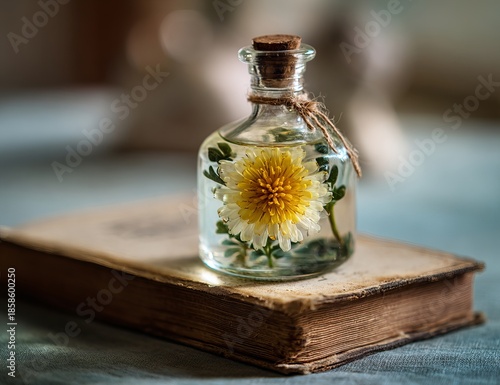 Yellow daisy in glass bottle on antique book flower