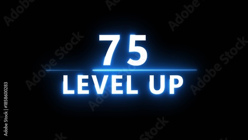 Neon level up 75 number illustration. Neon next level.  Neon level up text on black background.