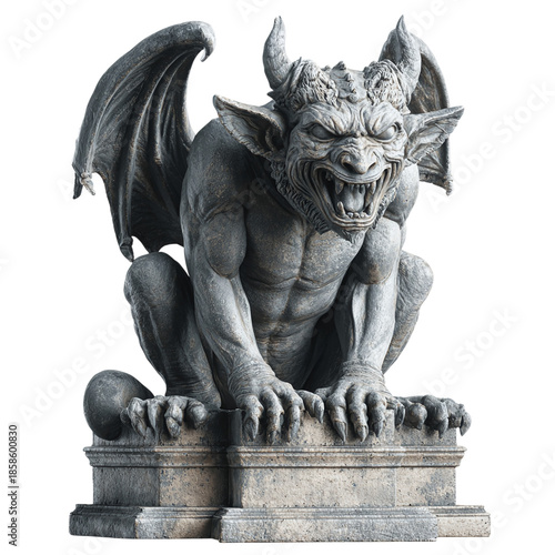 Menacing stone gargoyle 3D render featuring demonic details, powerful wings, and fierce expression on white