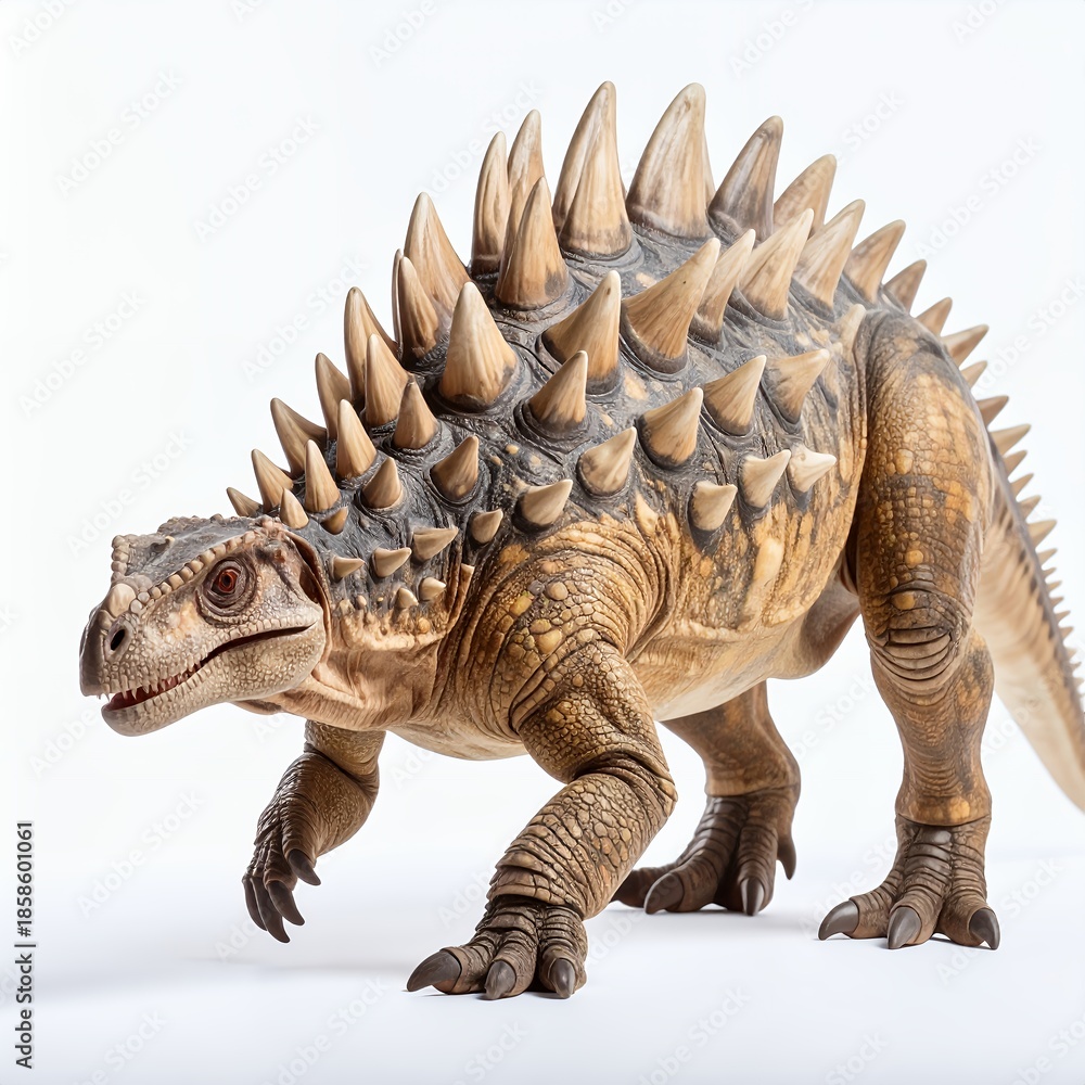 Fototapeta premium Kentrosaurus dinosaur toy with detailed scales on a plain white background