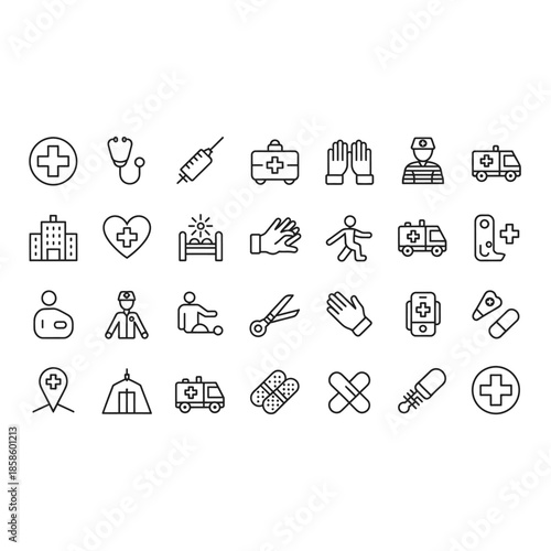 Medical and Healthcare Line Icon Set with Hospital, Ambulance, First Aid, and Doctor Symbols