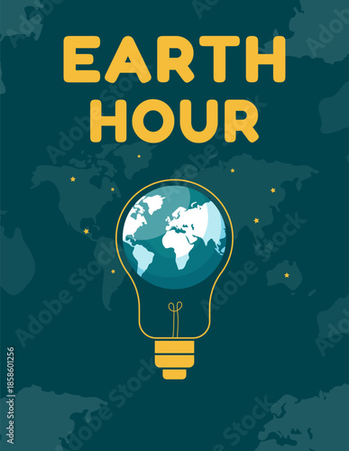 A poster with an image of the earth and an Earth Hour light bulb for public awareness and visual communication. This illustration describes energy conservation measures and global climate change