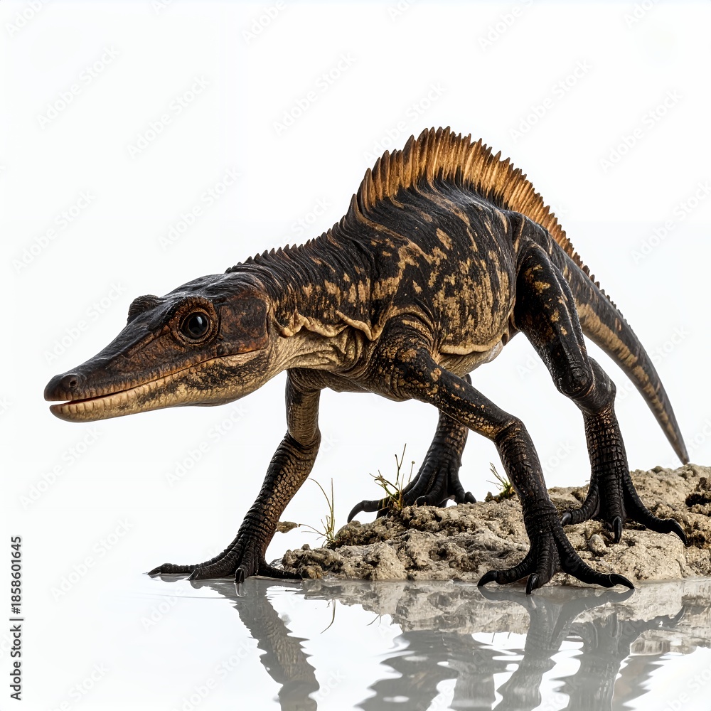 Fototapeta premium Detailed depiction of ancient reptile standing on a rock with a white background