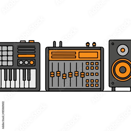 Electronic music equipment setup featuring synthesizer mixer and speaker.