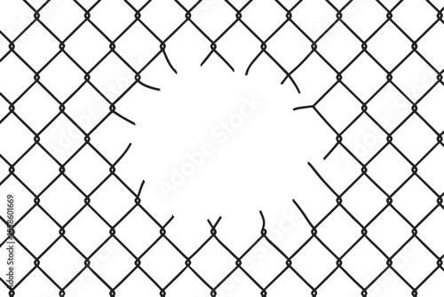 Broken Chain Link Fence Hole. Metal Wire Barrier Damage Frame