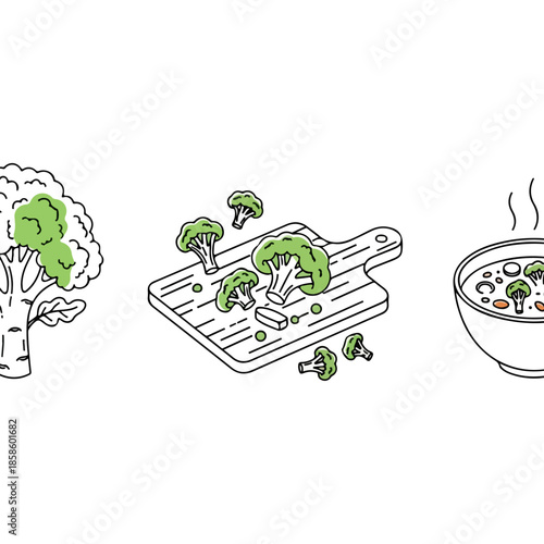 Fresh broccoli on cutting board ready for cooking.