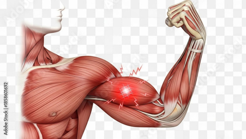 Muscular man with bicep muscle pain or injury highlighted in red on arm