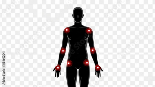 Human body silhouette with red pain points marked on joints and muscles