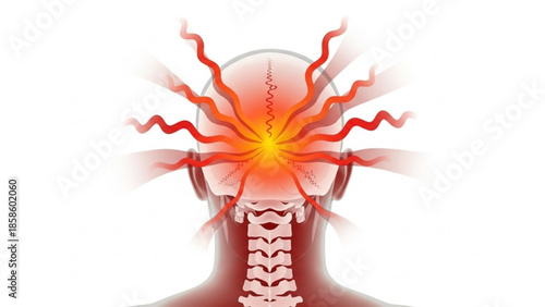 Migraine headache pain in head and neck with red squiggly lines