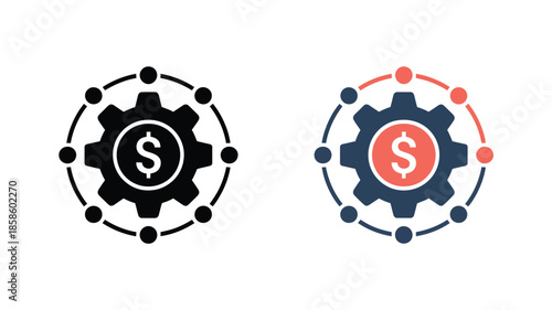 Dollar Sign Cogwheel Icons in Minimalist Design with Bold Color Contrast on White Background for Financial Technology