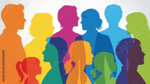 Diverse community illustrated with vibrant overlapping colorful people silhouettes