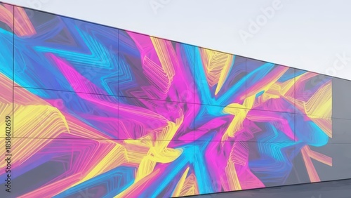 Vibrant Abstract Mural with Dynamic Neon Colors on a Modern Building Wall.