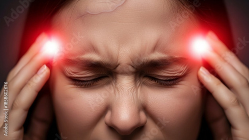 Woman with headache and red lights on her temples, looking stressed and in pain
