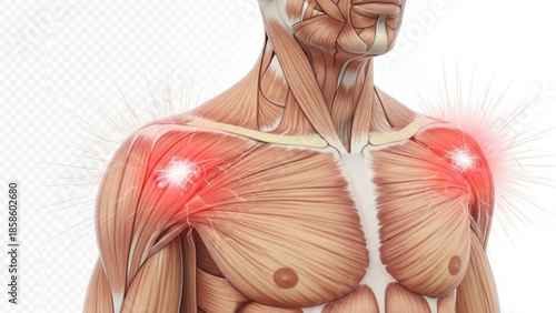 Anatomical illustration of a muscular upper body with highlighted shoulder pain areas on both sides