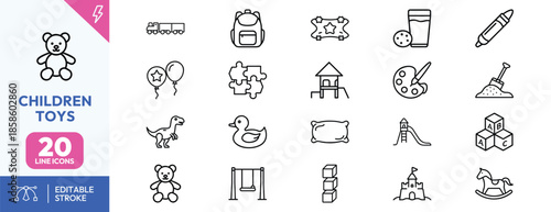 Children toys icons set with editable stroke