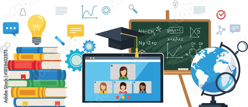 International Day of Education Concept with Online Learning, Books, Blackboard and Global Education Illustration
