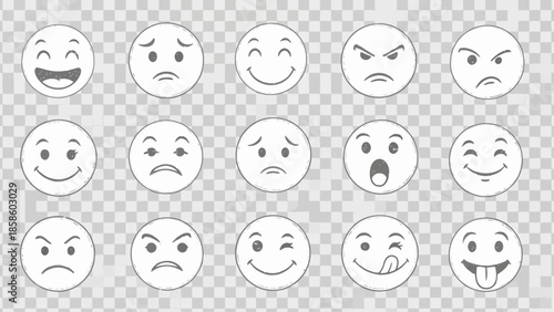 Variety of expressive hand-drawn emoji icons showcasing diverse emotions on transparent backdrop