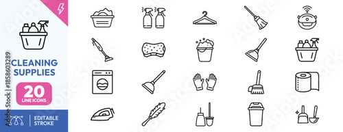 Cleaning Supplies Line Icons Set for Household Chores