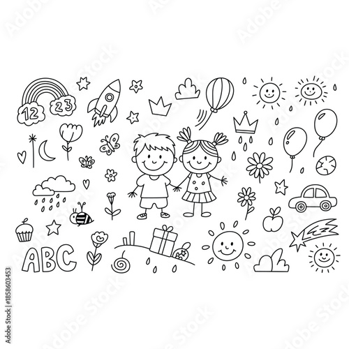 Vector hand-drawn kids doodle set. Drawings for children on white background. Baby shower related design elements set.
