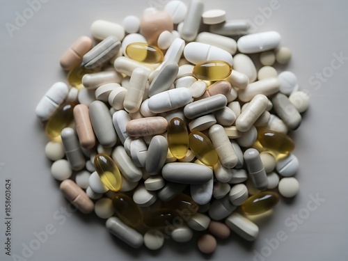 Various Medicine Capsules And Tablets Gathered On Surface Close-Up Shot