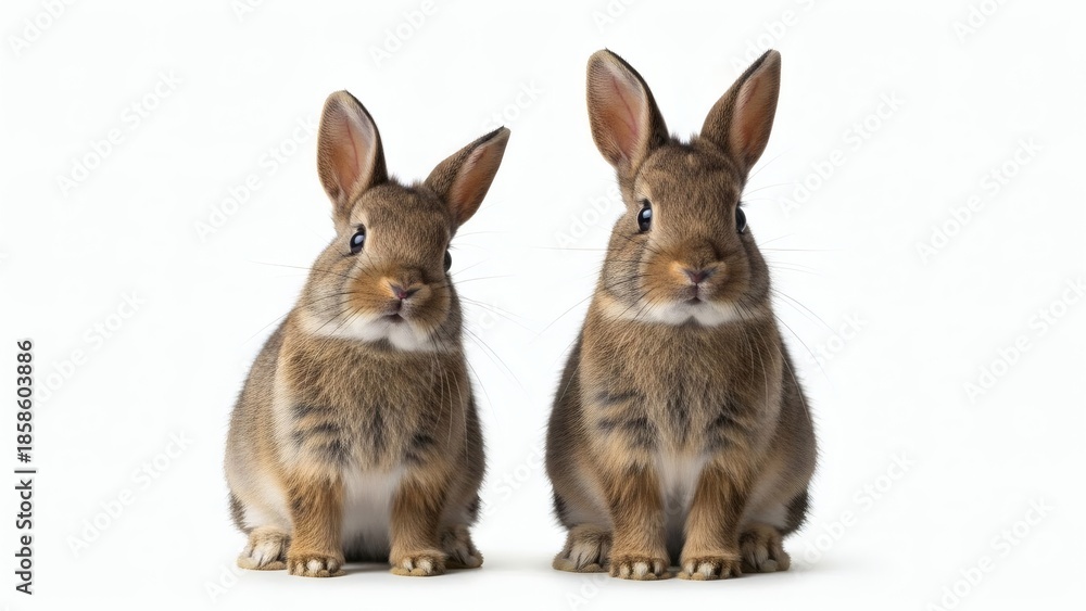 Obraz premium Double the Cuteness Two Brown Bunny Buddies on White.