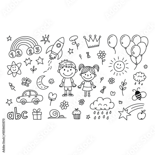 Vector hand-drawn kids doodle set. Drawings for children on white background. Baby shower related design elements set.
