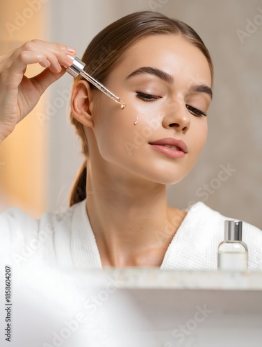 Woman Applying Serum to Face for Skincare Routine
