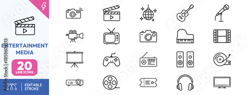 Entertainment media icons set for creative projects