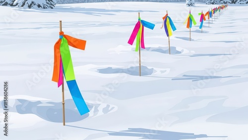 Colorful flags marking a path in a snowy winter landscape.
