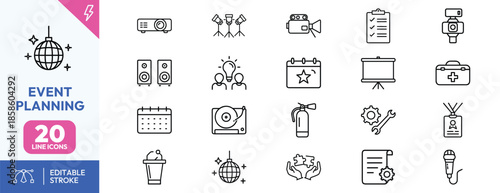 Event planning line icons set for organization and management