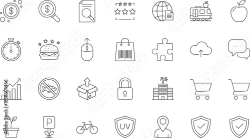 Minimalist thin line vector icon set featuring business finance e-commerce travel food and web interface symbols for professional graphic design and mobile app development projects.