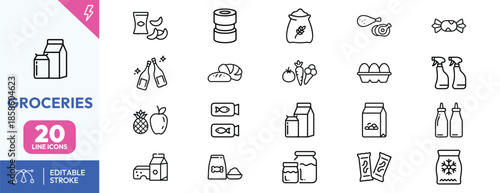 Grocery shopping icons set with various food and household items