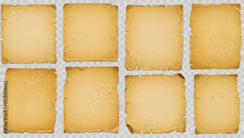 Collection of antique paper parchments with torn edges, ideal for fantasy maps design