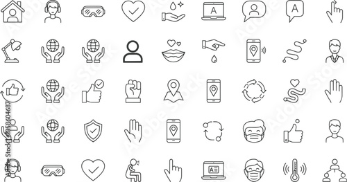 Large Set of Minimalist Outline Icons for Social Care Global Support Health Safety Mask Requirements and Virtual Assistant Services