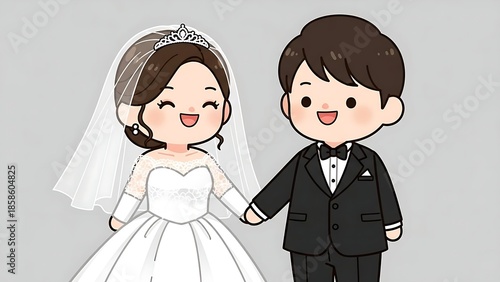 Happy cartoon bride and groom holding hands in wedding attire on a light background.