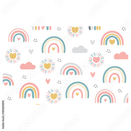 Cute scandinavian childish seamless pattern with trendy hand drawn rainbows