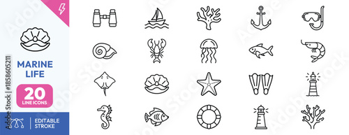 Marine life icons set with editable stroke