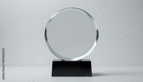 Minimal transparent crystal award trophy mockup with round shape on simple black base, isolated on white background, clean corporate achievement design

