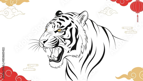 Roaring tiger head with chinese new year elements